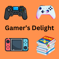 Orange background, with a PlayStation controller, Xbox controller, Nintendo Switch console, and a stack of video games. Words "Gamer's Delight" appears in the middle