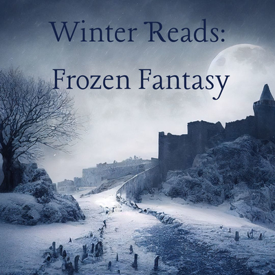 Edited photograph of a path at night surrounded by an ancient castle and a tree. A large moon is in the sky. Dark navy blue text says "Winter Reads: Frozen Fantasy."