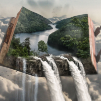 Open book with forest and waterfalls