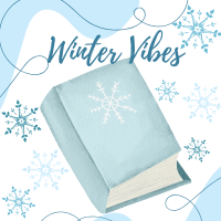 Book with snowflake on its cover surrounded by snowflakes of different sizes in cool blue shades