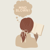 illustration of girl reading a book with a thought bubble that says mind blown
