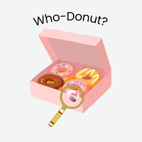 A box of donuts with a fingerprint on the edge and a magnifying glass hovering over the fingerprint. Text above the box of donuts is "Who-Donut?"
