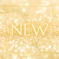 sparkly gold background with a gold frame and the word "New"