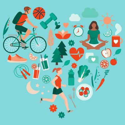 Blue background with small icons in the shape of a heart.  Icons include a person riding a bike, trees, fruits and vegetables, plants, sun, moon, etc.