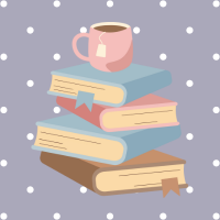 polka dot background with an illustration of a cup of tea sitting on top of a stack of books.