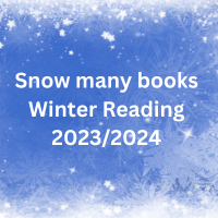 Blue background with white snowflakes at edges. Text reads "Snow many books winter reading 2023/2024"