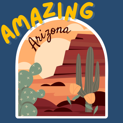 Text reads: "Amazing Arizona".  A curved window looks out on a desert landscape, with cacti, poppies, and mountains in the distance.