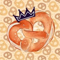 giant pretzel wearing a crown with pretzel patterned background