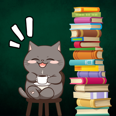 A cat drinking coffee next to a stack of books.