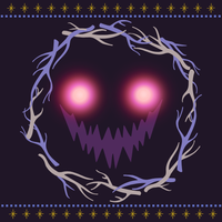 Two glowing pink eyes with a toothy smile stare you down through a branch wreath. Both top and bottom have a starry boarder.