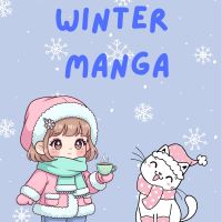 Illustration of anime-style girl and cat wearing winter clothes. The background is light blue-gray with snowflakes. Blue font says "Winter Manga."