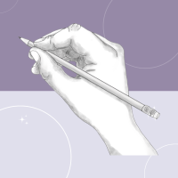 Purple square with hand holding a pencil