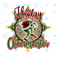The Grinch in the middle with the words "Holiday Cheermeister" above and below him. There's lights hanging on top with blue snowflakes in the background.