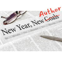 Photo of glasses and a newspaper with the headline "New Year, New Goals." The word goals is crossed out in red, and Author is written above it.